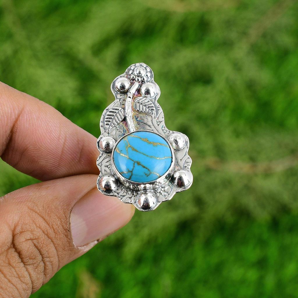 Copper Arizona Turquoise Stone Statement Flower Wedding Ring Jewelry 925 Silver