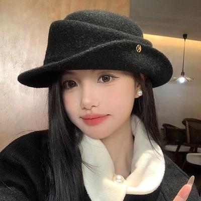French Hepburn Style Elegant Woolen Hemming Thousand Gold Top Hat Children Autumn And Winter Retro Versatile Face Small Bucket Hat