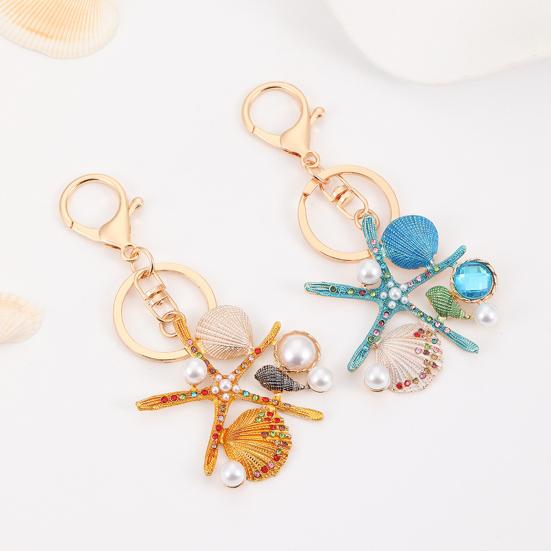 Keychain Pendant Ocean Style Starfish Shell Design Key Chain with Rhinestones Imitation Pearls Bags Backpacks Decorative Accessory