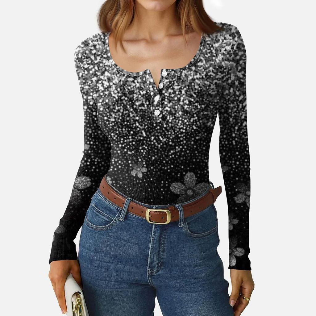 Women's Slim Bottom T-shirt Fashion Casual Gradient Printing Round Neck Pullover Long Sleeve Top