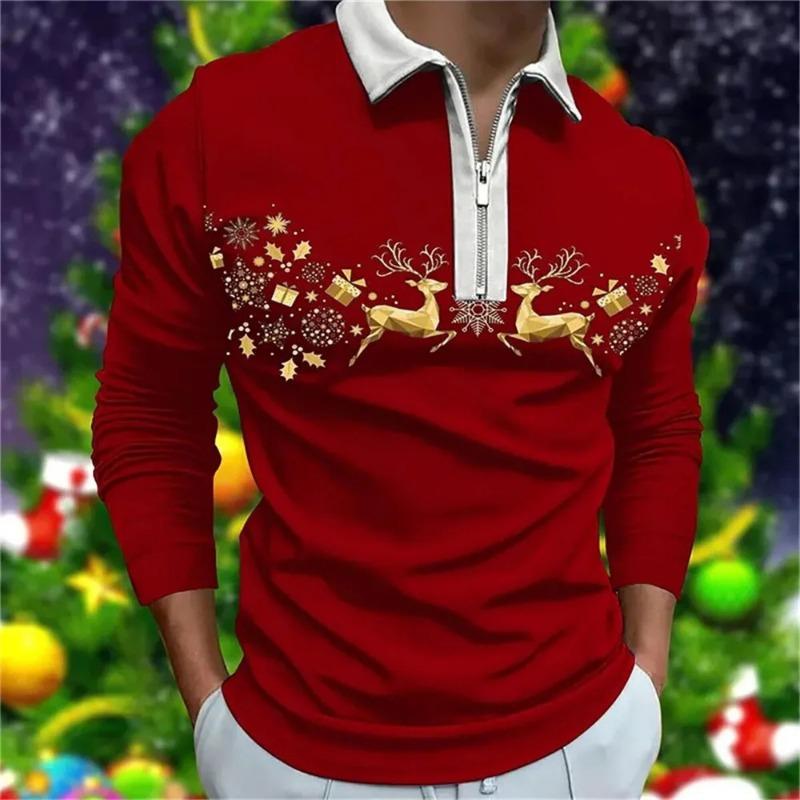 Men Fashion Spring Autumn Polyester Zippo Polo Shirt  Christmas 3D Digital Print Casual Polo Shirt Tops