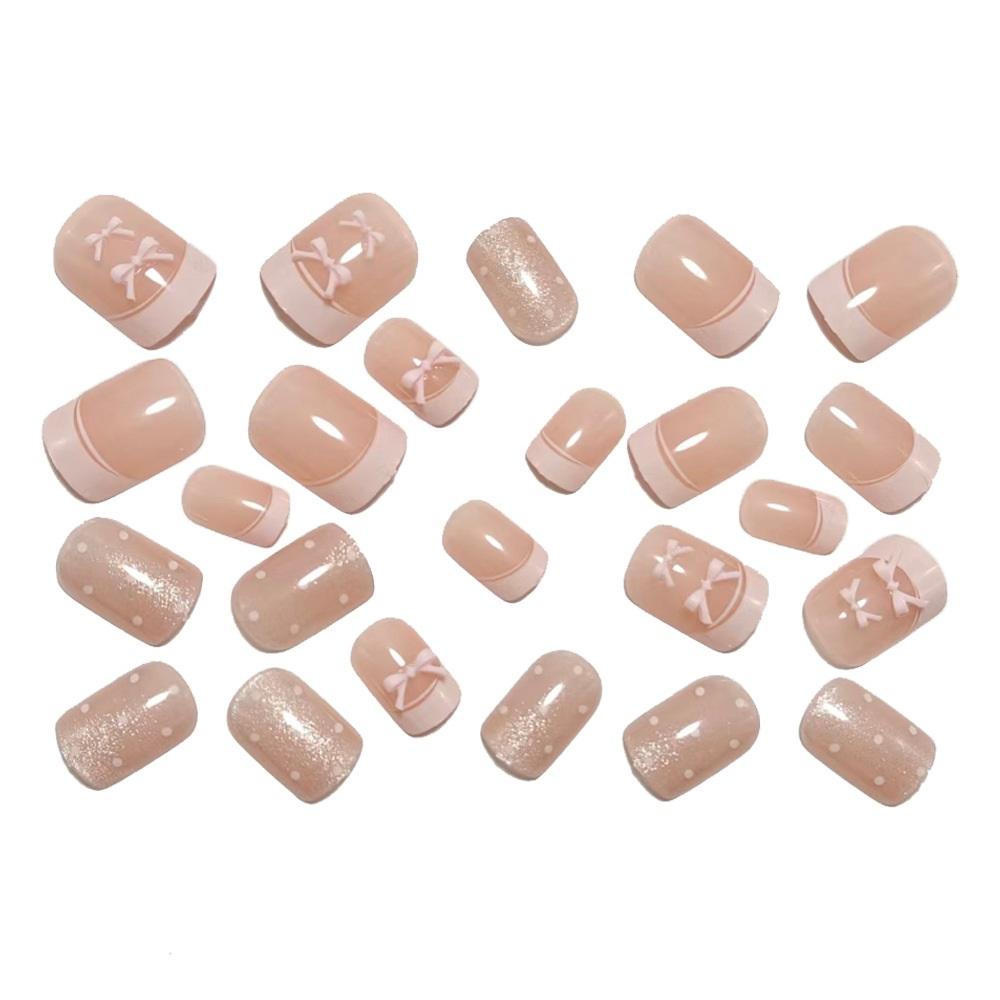 Handmade Nails With Bow Polka-dot Leather, Pink French Cat-eye Nail Stickers, Sweet And Girlish Whitening