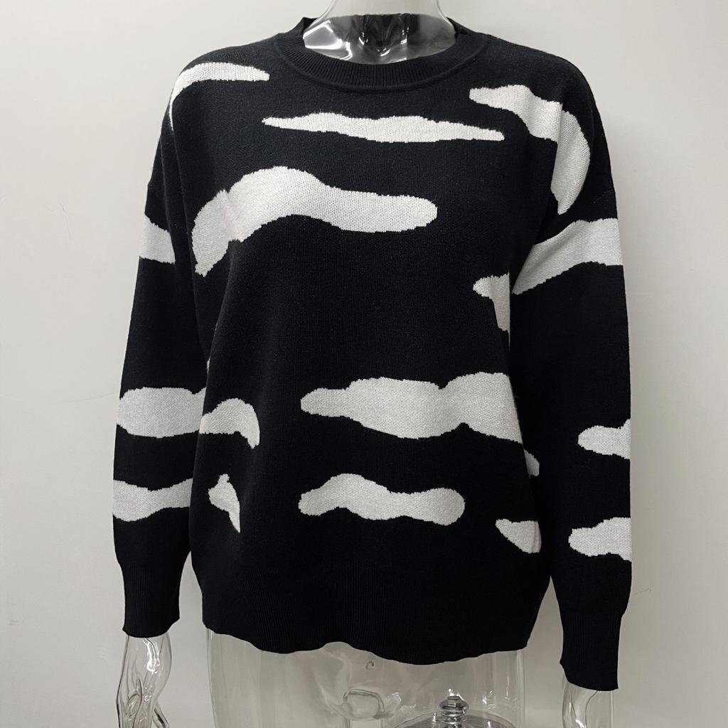 2025 Women's Versatile Jacquard Cloud Sweater: European & American Style, Long Sleeve, Round Neck Knitwear.