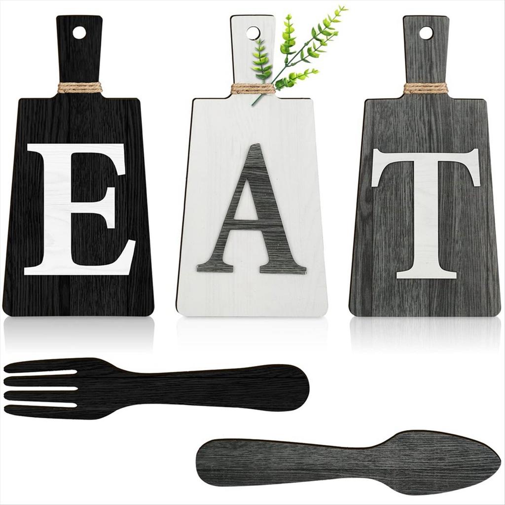 BHBL Cutting Board Eat Sign Set Hanging Art Kitchen Eat Sign Fork and Spoon Wall and Kitchen Decor,B
