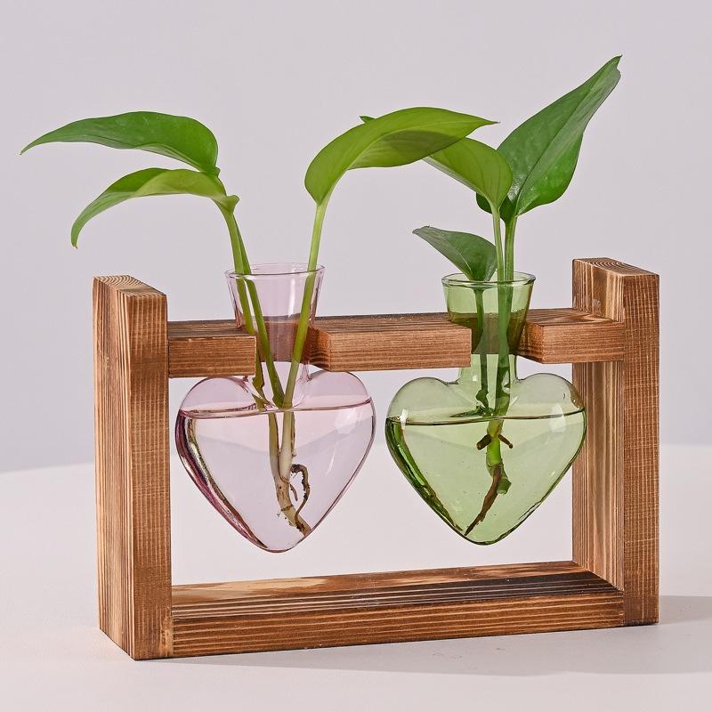 Creative Colorful Heart Shaped Transparent Glass Vase Wooden Frame Hydroponic Vase Container Home Ofice Table Decoration