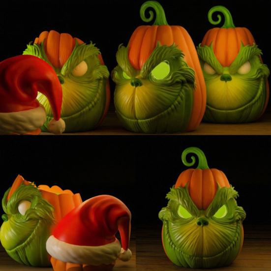 Halloween Pumpkin Face Statue Spooky 3D Printed Green Elf Pumpkin Figurine Collectible Christmas Ornament for Home Decor