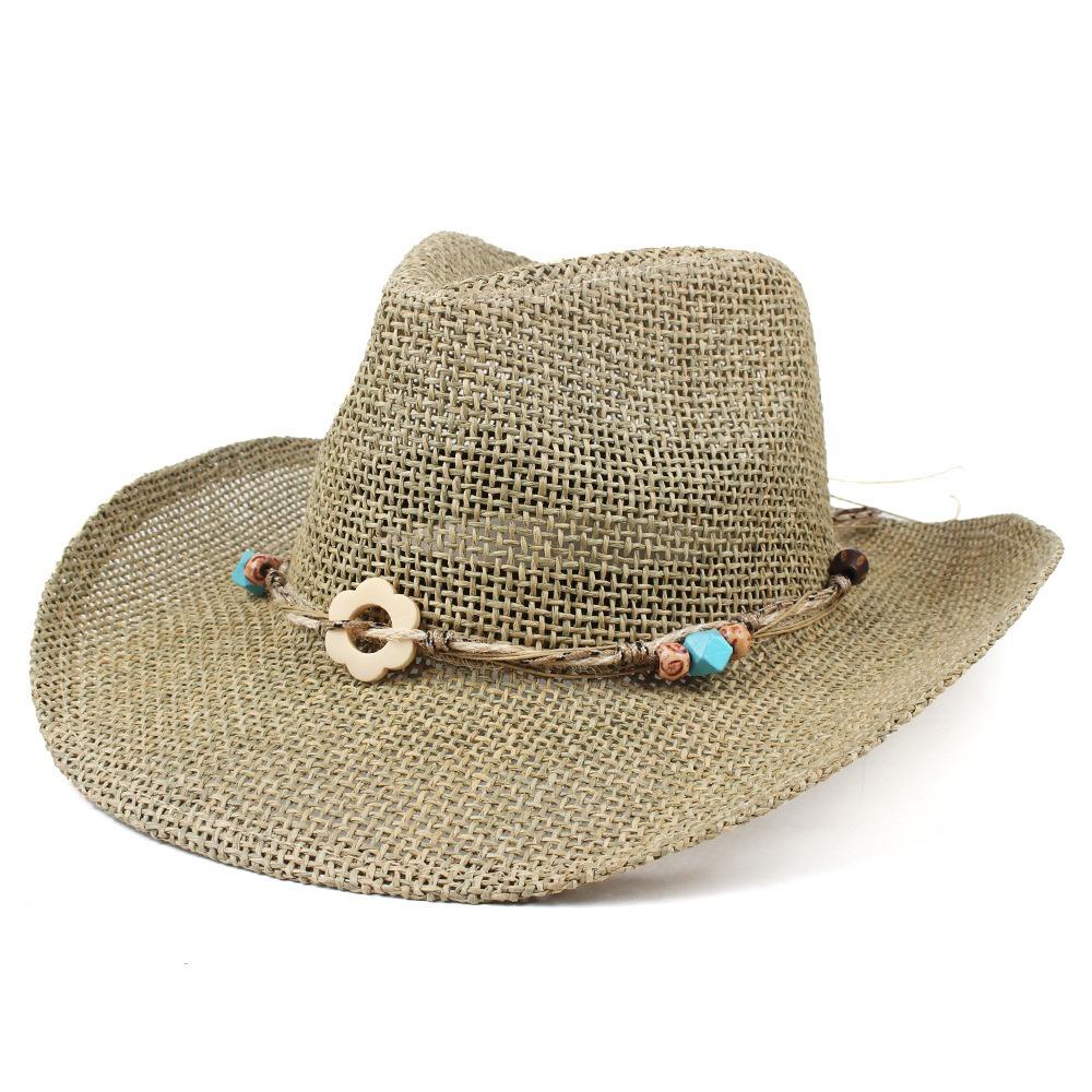 Handmade Hollow Woven Straw Hat, Spring Summer Breathable Outdoor Sun Protection Western Cowboy Curved Brim Cap