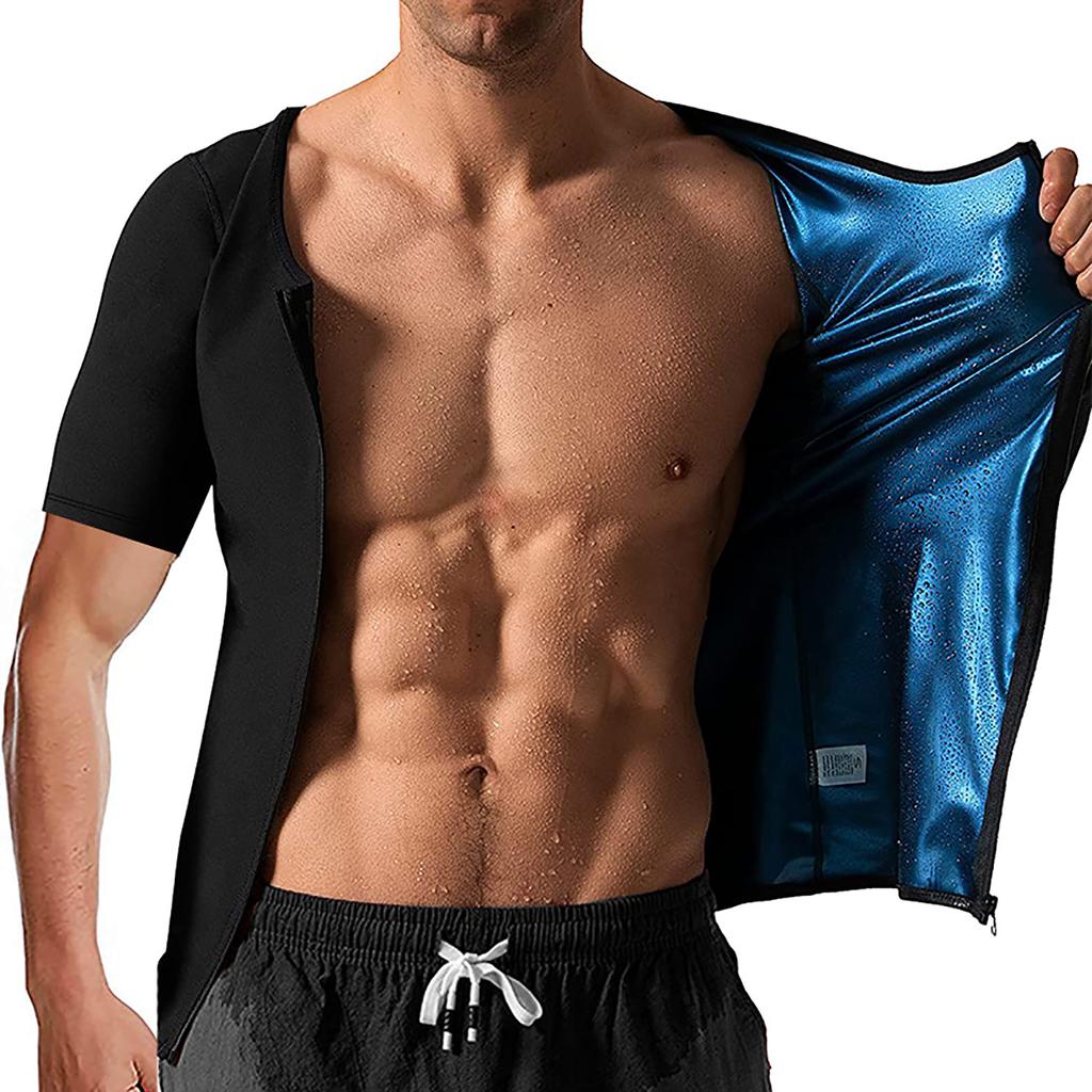 Traje de Sauna Sudadera para Hombre Camisetas de Manga Corta Adelgazante Top Térmico con Cremallera Camisa de Entrenamiento Moldeador Corporal para Hombre Ropa Moldeadora