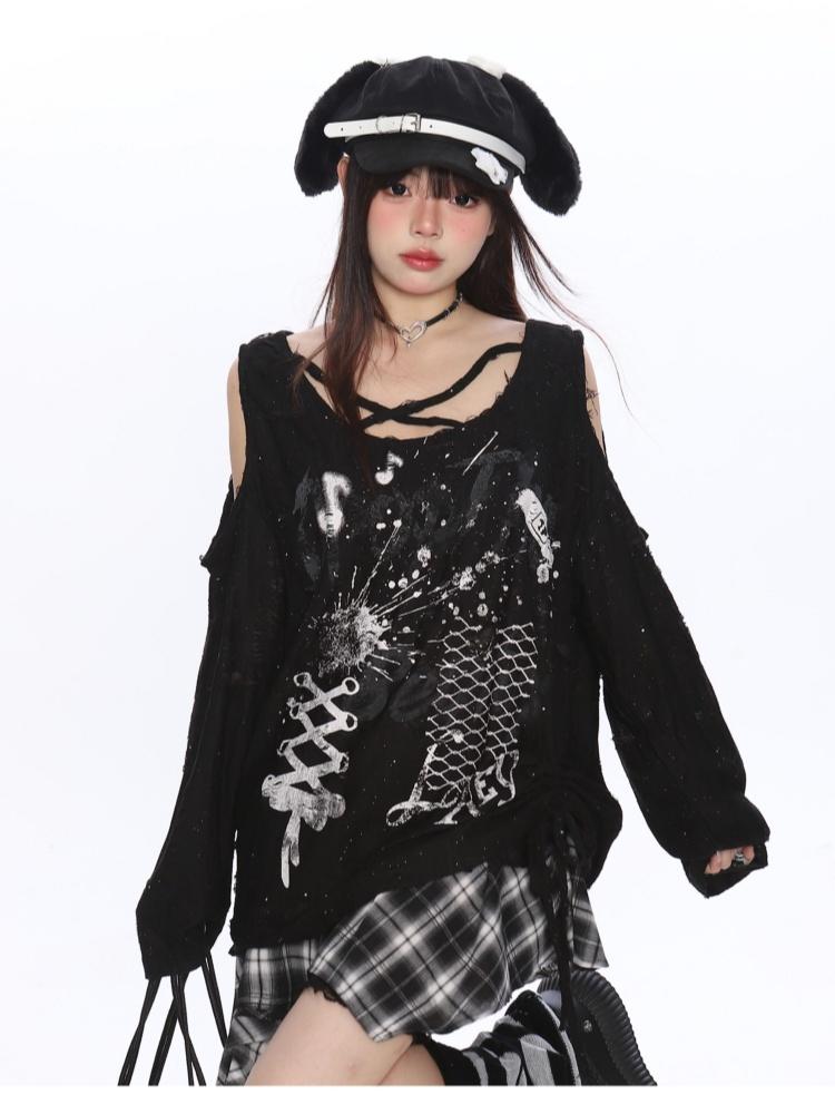 

с длинным рукавом оверсайз y2k Повседневный свободный весенне-летний осенний топ-футболка Женская футболка M чёрный