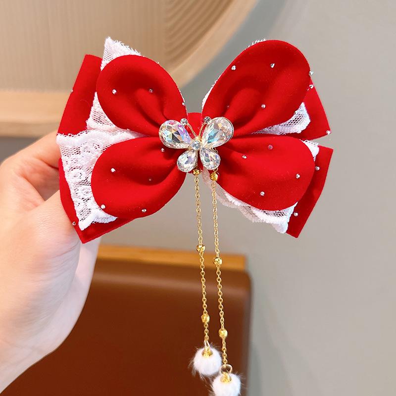 Red Tassel Bow Hairpin - Retro Hanfu Style for Girls