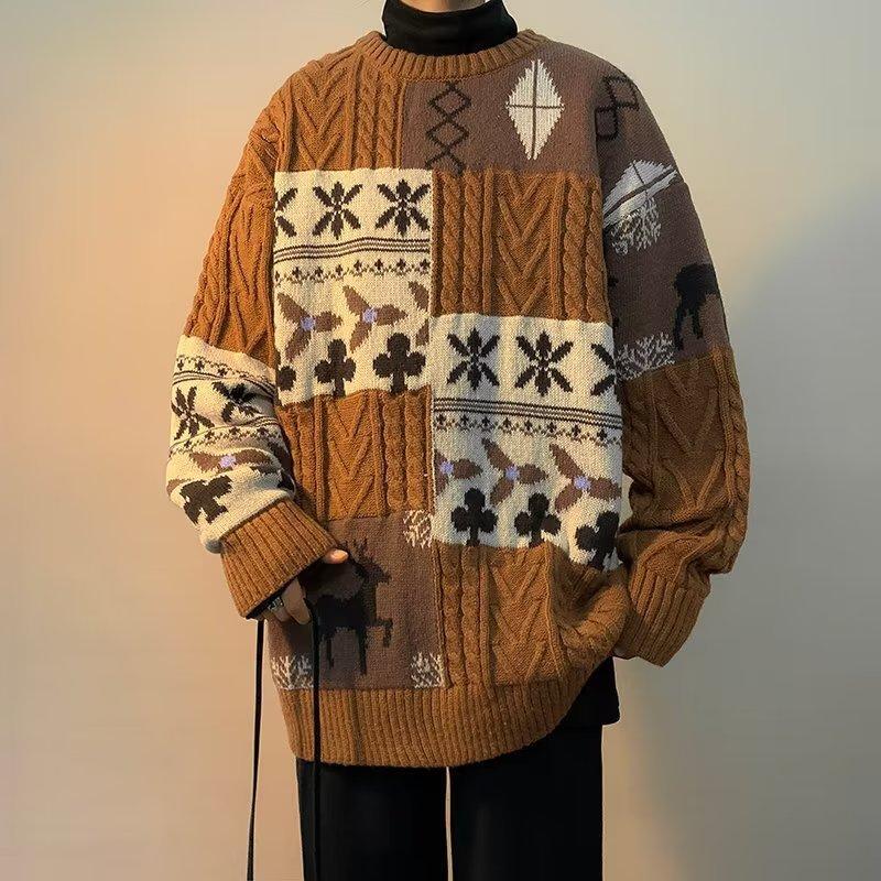 

Мужской свитер в стиле пэчворк, зимний, толстый, модный, парный, рождественский, ретро, осенне-зимний, стиль, свитер для мальчиков 3XL
