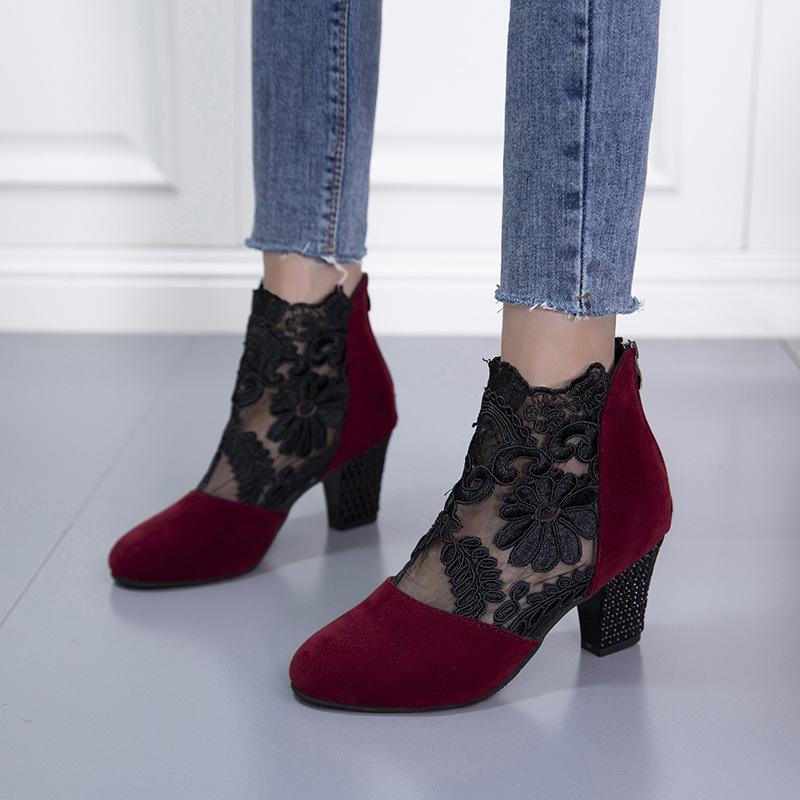 Lace mesh high heel cool boots large size European and American round head thick heel Roman sandals