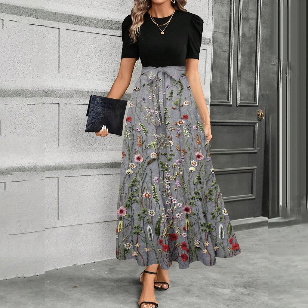 Short Sleeve Round Neck Maxi Dress with Floral Print High Waist Tie Belt Bohemian Style Casual Long Dress for Women