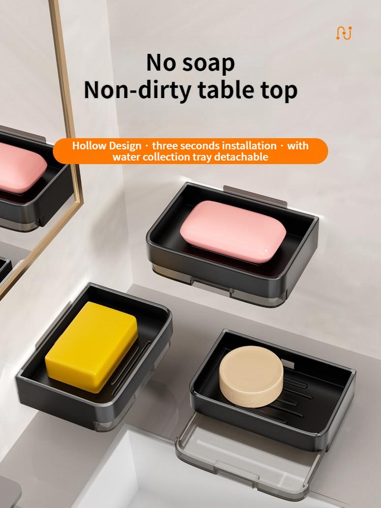No Punch Soap Storage Rack No Drill Bath Soap Holder Free-Punch Wall Mounted Soap with Cover Plastic Drain Soap Box Household Ba