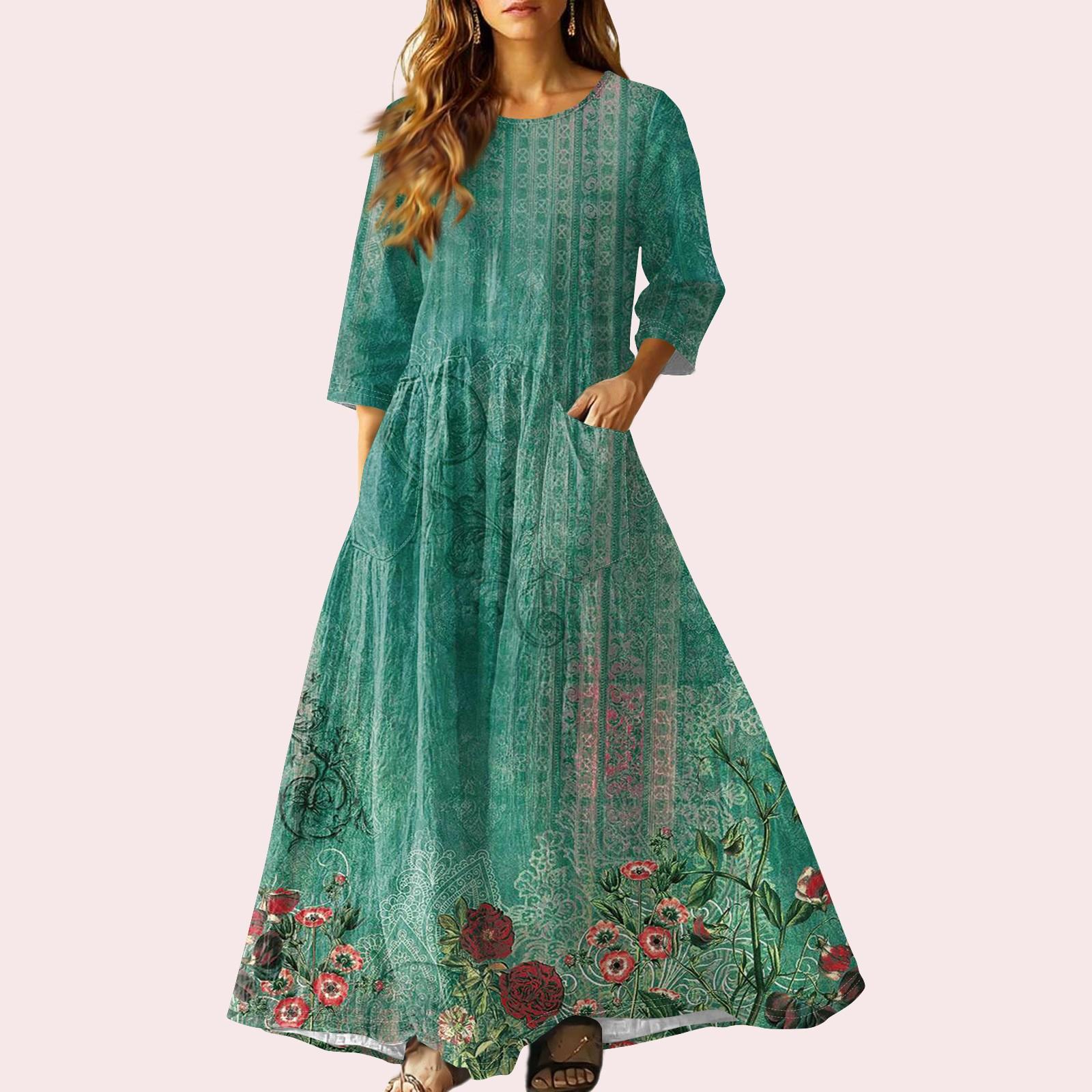 

Женское ретро этническое льняное платье макси без рукавов с V-образным вырезом, вышитое лентами M зелёный