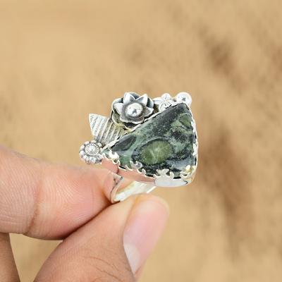 Sterling Silver Kambaba Jasper Stone Handmade Mother Flower Promise Ring Jewelry