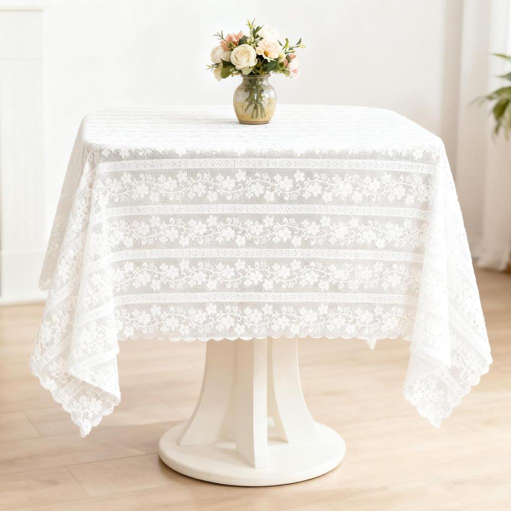 White Lace Square Tablecloth, Vintage Floral Embroidered Table Cloths Square Small Table Cloth Dustproof Tables Protector for Kitchen Dining Room