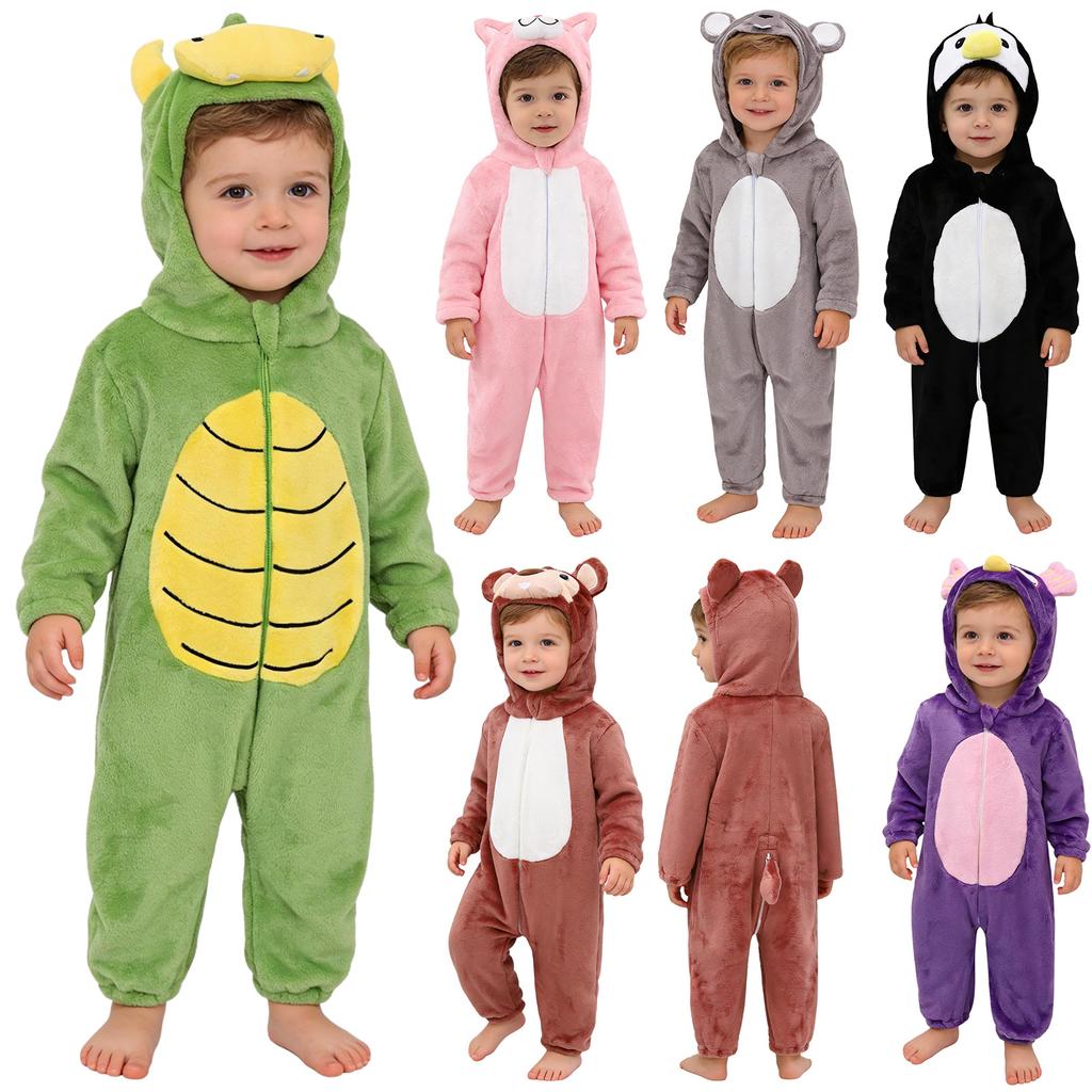 Baby Toddler Animal Costume Zip Up Jumpsuit Long Sleeve Hooded Design 3D Tail Theme Party Outfit
