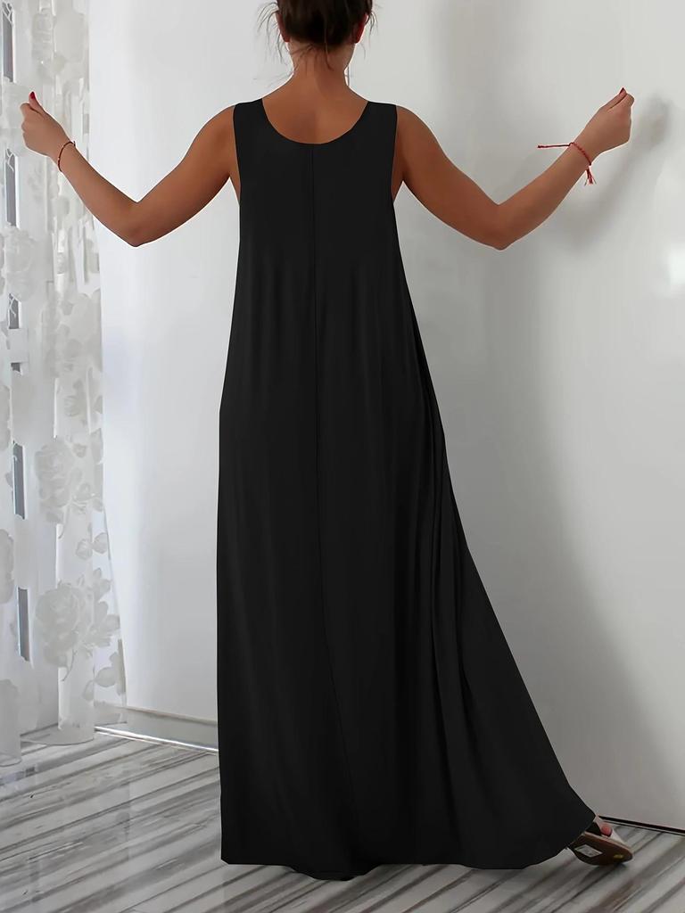 Plus Size Summer Solid Color Dress with Side Pockets (European and American Style)