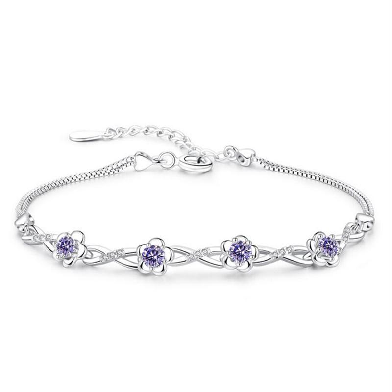 Luxury 925 Silver Bracelets Purple White Zirconia Plum Flower Bracelets & Bangles For Women Pulseira De Prata S-B51