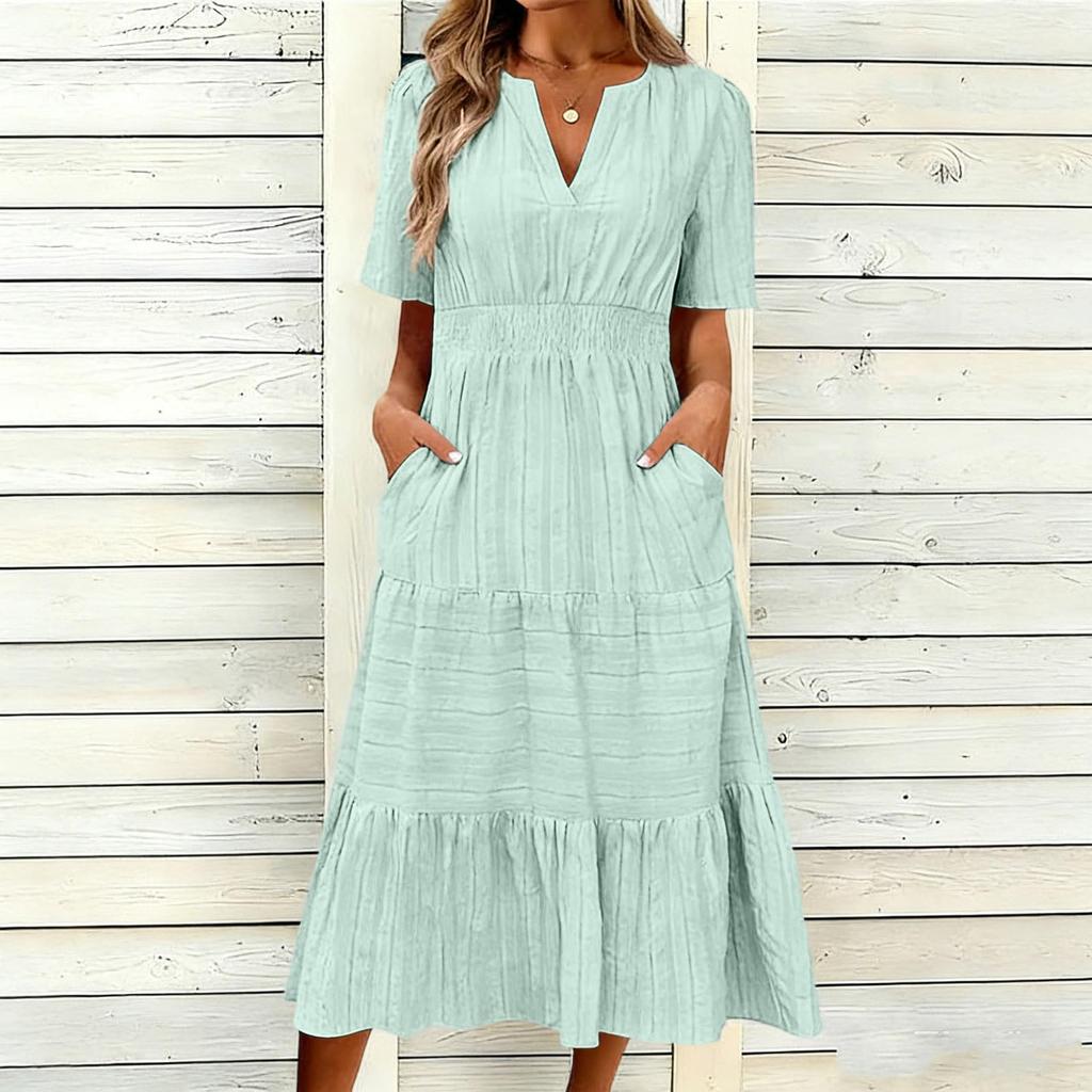Women's Casual V Neck Dress with Gathered Puff Sleeves and Flared Hem Short Sleeve Midi Dress with Pockets