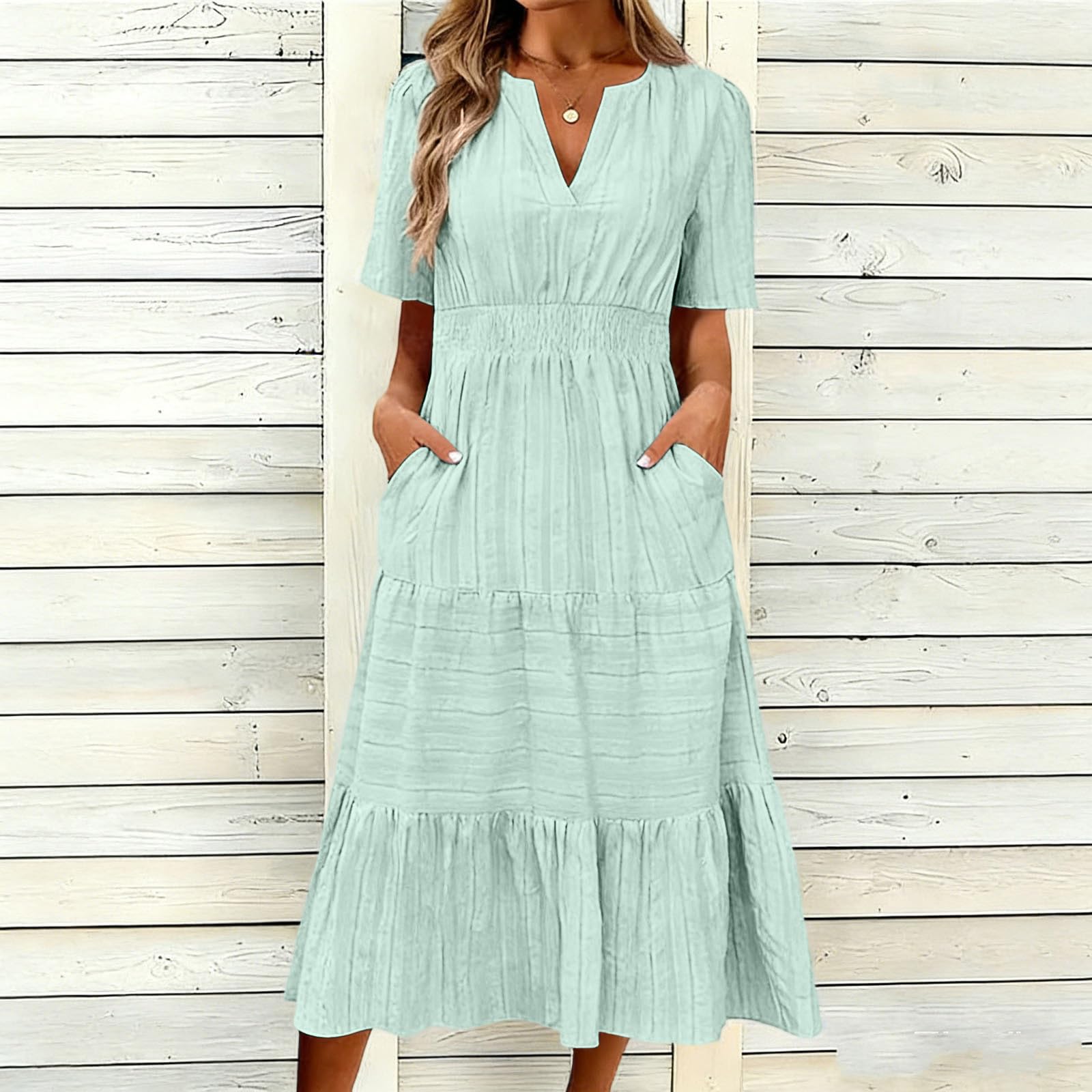 

Women s Casual V Neck Dress with Gathered Puff Sleeves and Flared Hem Short Sleeve Midi Dress with Pockets S зелений