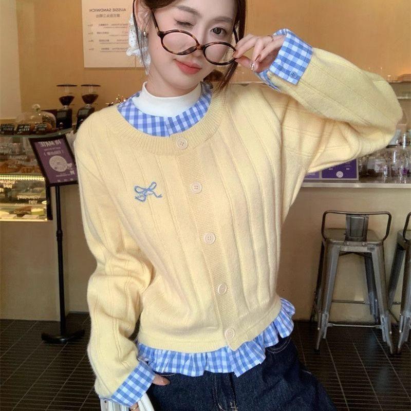 

Женский вязаный кардиган в клетку с цветовыми блоками и вышивкой в виде банта - Свободный крой, дизайн из двух частей для осени и зимы L (for 105-115 kg) жёлтый