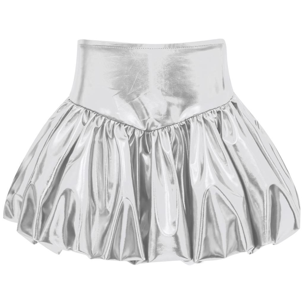 Girls Metallic Bubble Skirt Elastic Waistband Shiny Bud Skirt Sparkly Performance Costume