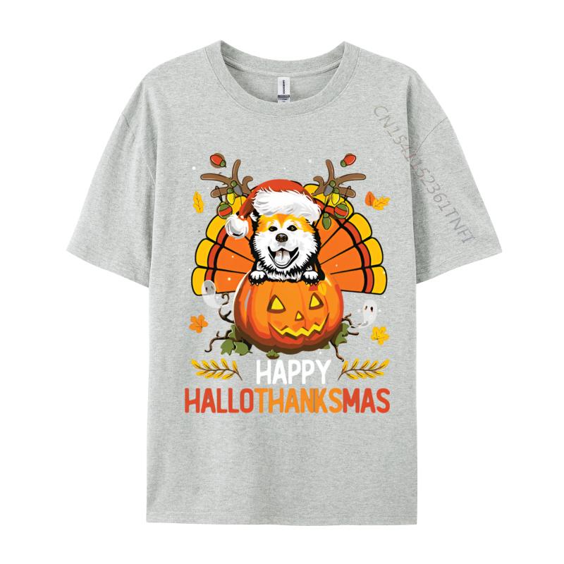 Akita Inu Happy Hallo Thanksmas Hallo Anime T Shirt Novelty Fitted Men T Shirt Print Cotton Grey Shirt Graphic Tee