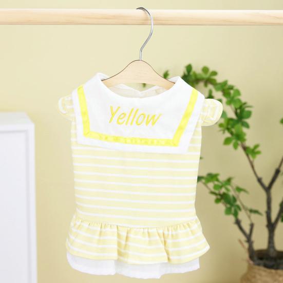Spring Summer Puppy Dress Hem Striped Layered Pleated Collar Embroidered Print Doll Letters Sweet Contrast Color Dog Costume for