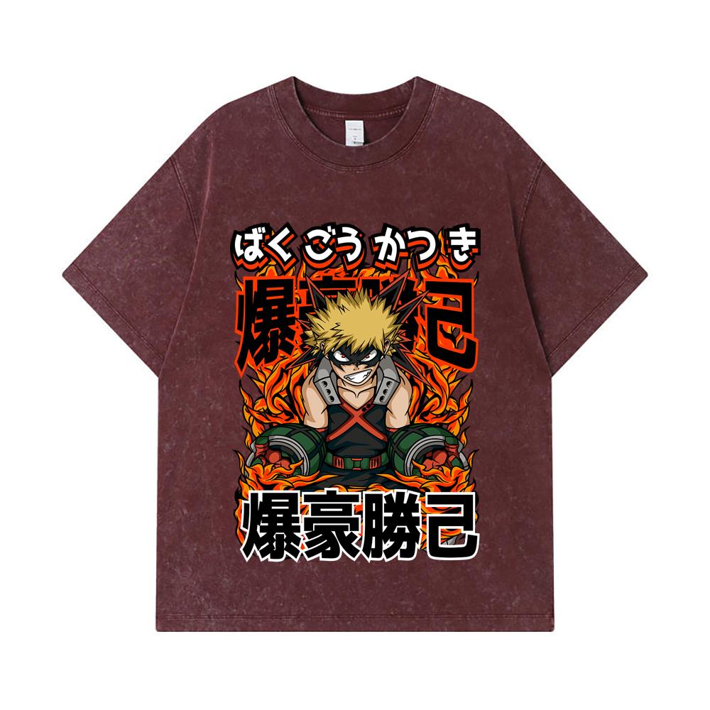 275 GSM Washed T-shirts 100% Cotton My Hero Academia V13 Bakugo Print Unisex Heavy Cotton T Shirt