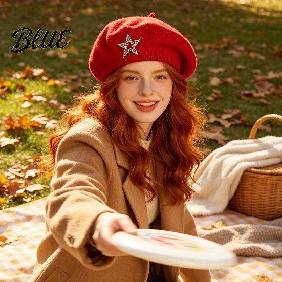 Ladies Winter Hat Women Knitted Beret for Fall Winter French Style Artist Vintage Inspired Cap with Rhinestone Star Stretchy Solid Color Knitting