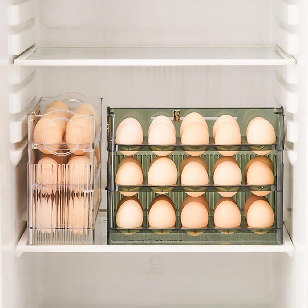 Kitchen Large Three-tier Capacity Egg Fridge Storage Box - Portable Multi-Layer Egg Tray  Auto Opening/Closing Egg Holder
