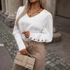 2024 Autumn Fashion Women's V-Neck Long Sleeve Button-Down Solid Color Top