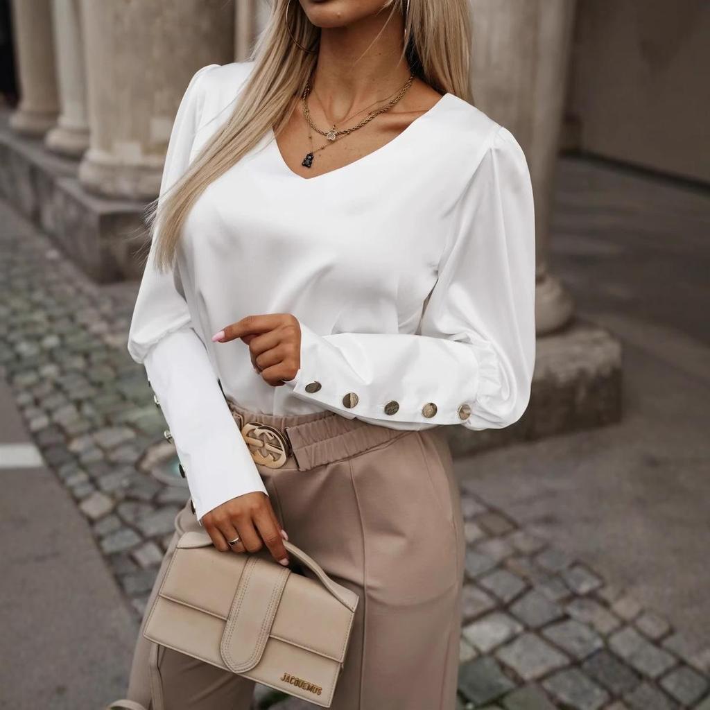 2024 Autumn Fashion Women's V-Neck Long Sleeve Button-Down Solid Color Top