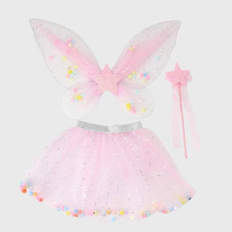 Children's Butterfly Colored Ball Wings Tutu Skirt, Angel Wings Three-piece Stage Performance Mesh Skirt