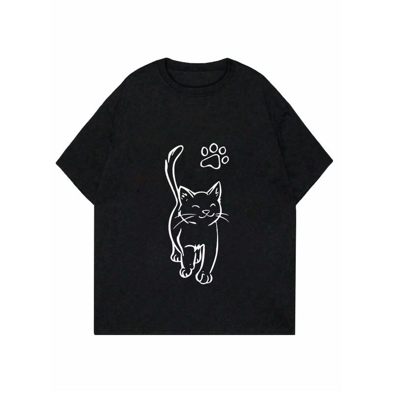 Casual Loose T Shirt Black Cat And Paw Print Design For Women Daily Wear Home Comfortable Fashion Top