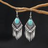 Vintage Ethnic Jewelry Bohemian Antique Silver Color Alloy Imitation Turquoise Tassel Earrings For Women's Party Accessories
