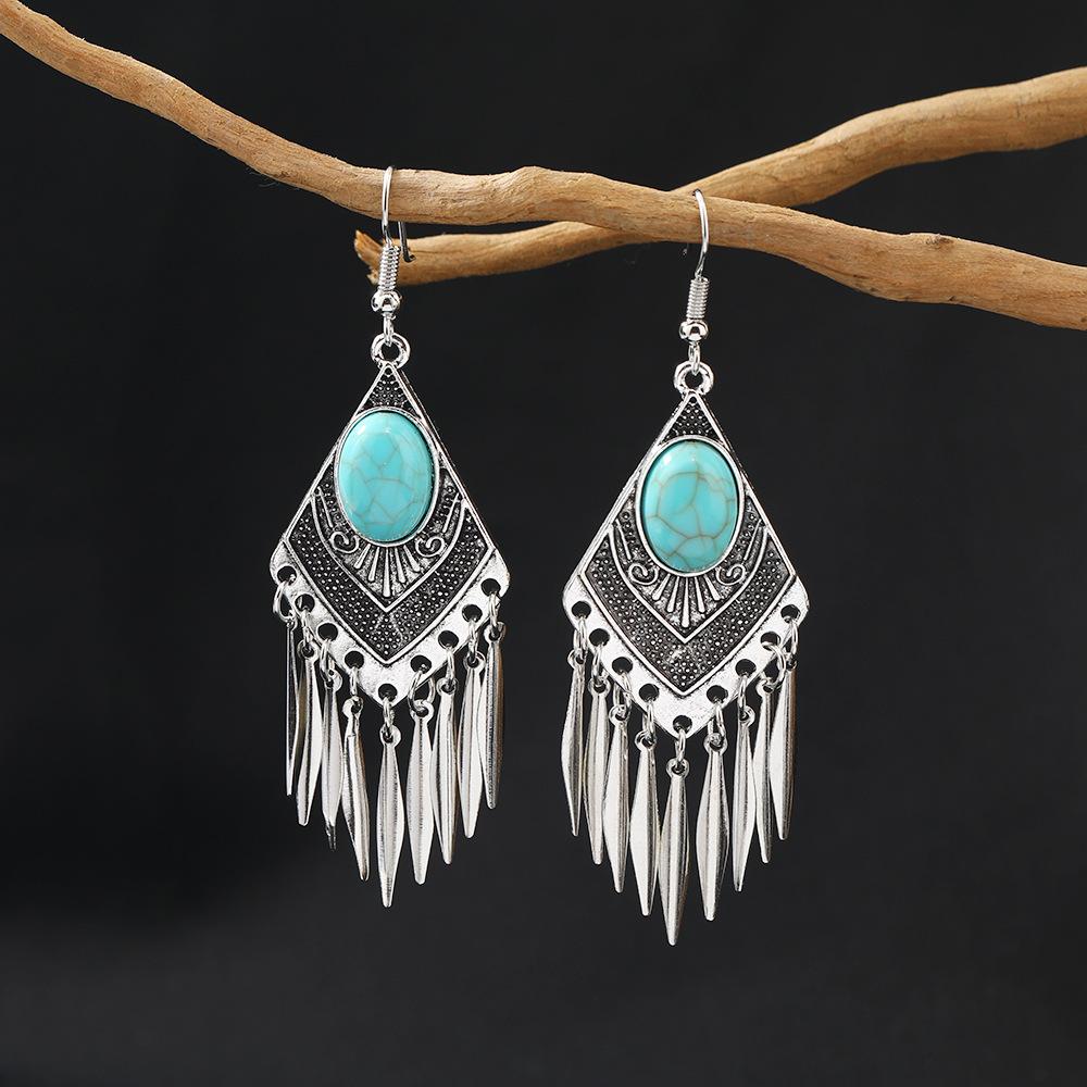 Vintage Ethnic Jewelry Bohemian Antique Silver Color Alloy Imitation Turquoise Tassel Earrings For Women's Party Accessories