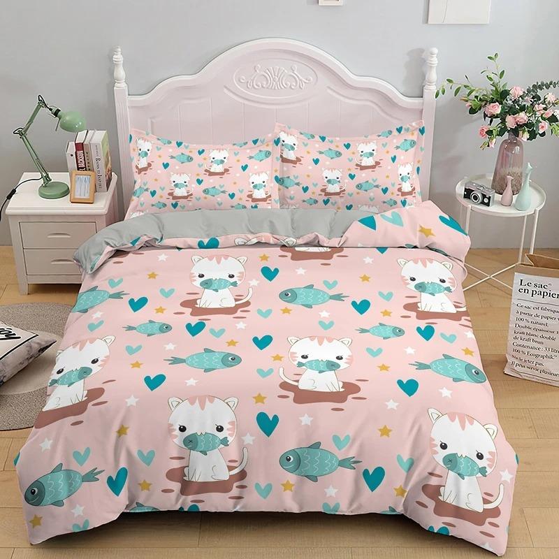 3D Kids Cats Bedding Set Twin Size Green Cartoon Cats For Boys Girls Animal Theme Cute Kitten Pattern 2 3pcs