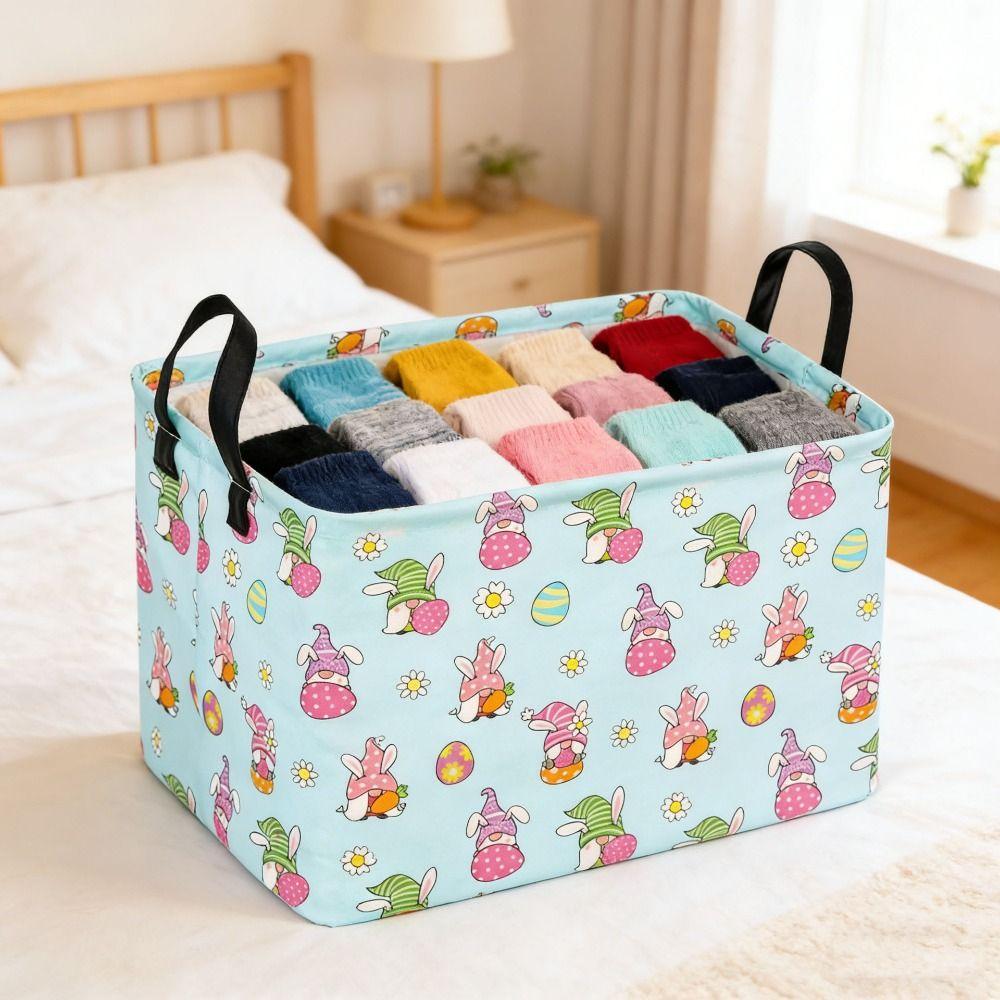 Cartoon Rectangular Easter Basket Foldable with Handle Storage Organizer Bin Box Easter Room Decor Clothes Laundry Hamper