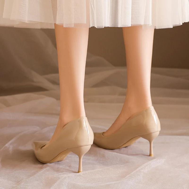 Fashion Handmade Women's Patent Leather High Heels Shoes New Style Nude Color Sexy Pointed Toe Thin Heel Single Shoe Summer Season