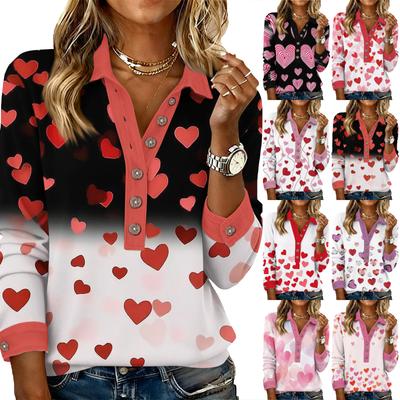 Women's Retro Street Lazy V,neck Long Sleeve Button Valentine's Day Heart Pullover Top