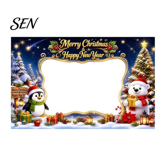 Festive Seasonal Event Banner Christmas Cartoon Photo Booth Frame Banner, Xmas Selfie with Elk Theme Props Penguin Bear, Holiday Party Handheld Prop,