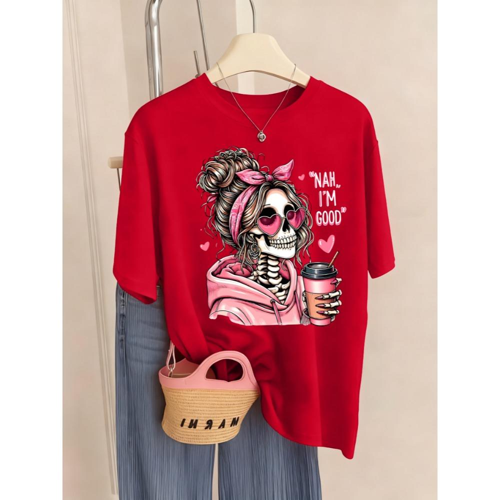 I'M Good Coffe Skulls Printed T-Shirt Women Crewneck Casual T Shirts Comfortable Summer Short Sleeve Soft Tee Top