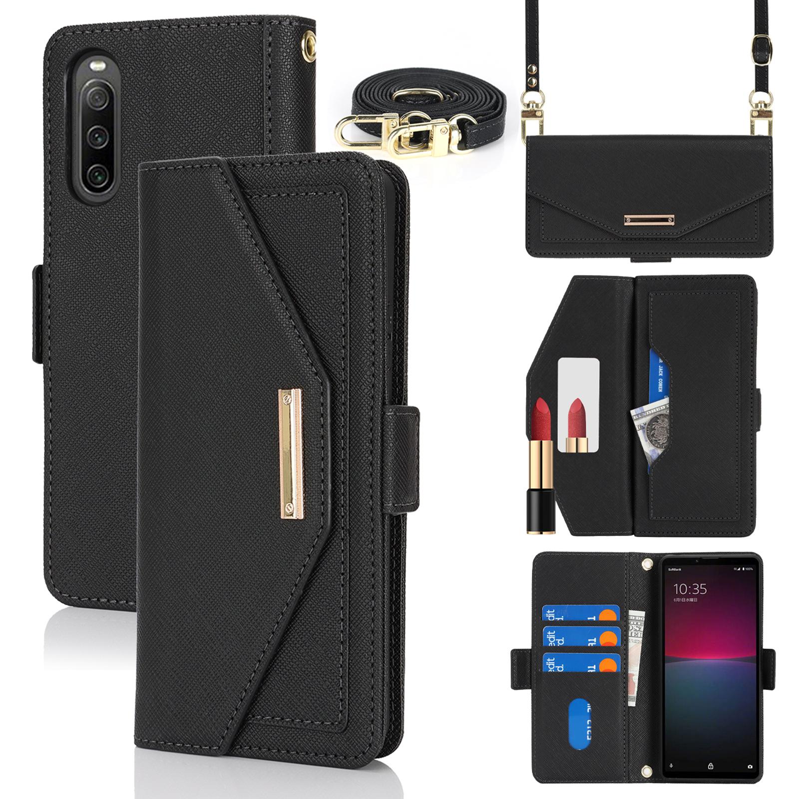 

For Sony Xperia 10 IV 5G Stand Case Cross Texture PU Leather Wallet Phone Cover with Shoulder Strap/Makeup Mirror Black