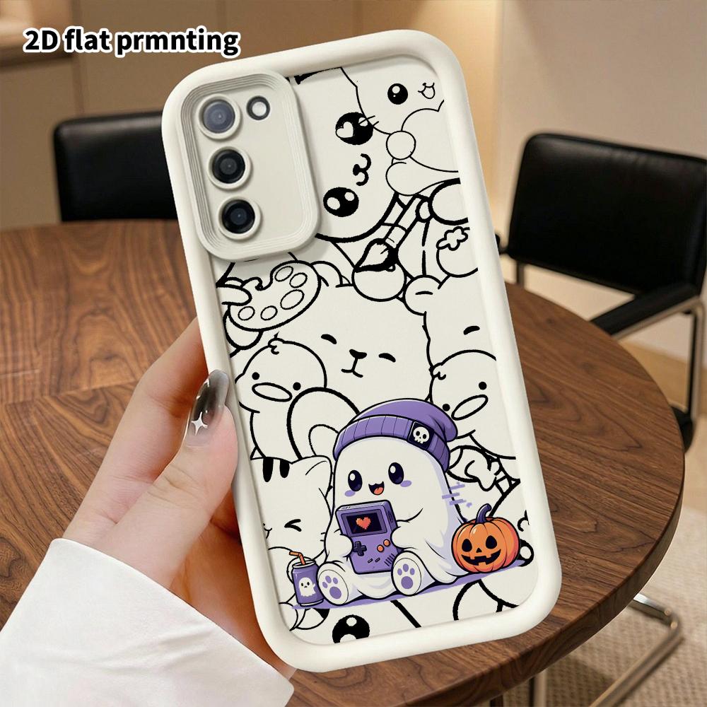 Phone Case: 2D flat, suitable for Samsung Galaxy A34 A35 M05 M06 S20 S22 S21 FE Plus 5G cases, featuring a little ghost playing a handheld console, pe