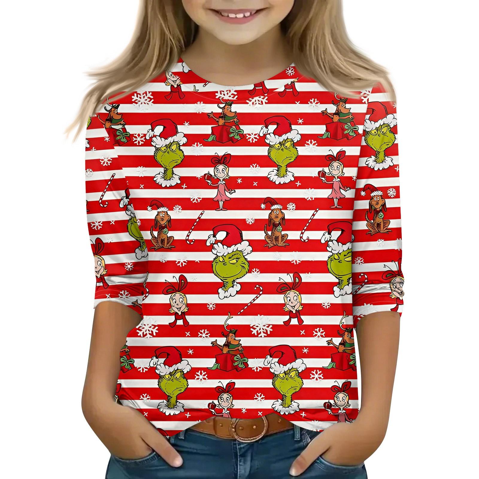 

Рождественские детские топы с рукавом 3/4, повседневная футболка с принтом, на каждый день, пуловер с круглым вырезом, блузка 160 красный