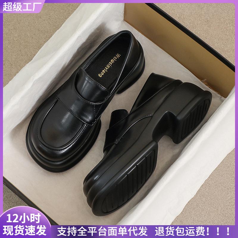 

Platform shoes women s autumn and winter new round head small leather shoes one pedal retro college single shoes women 34 чорний