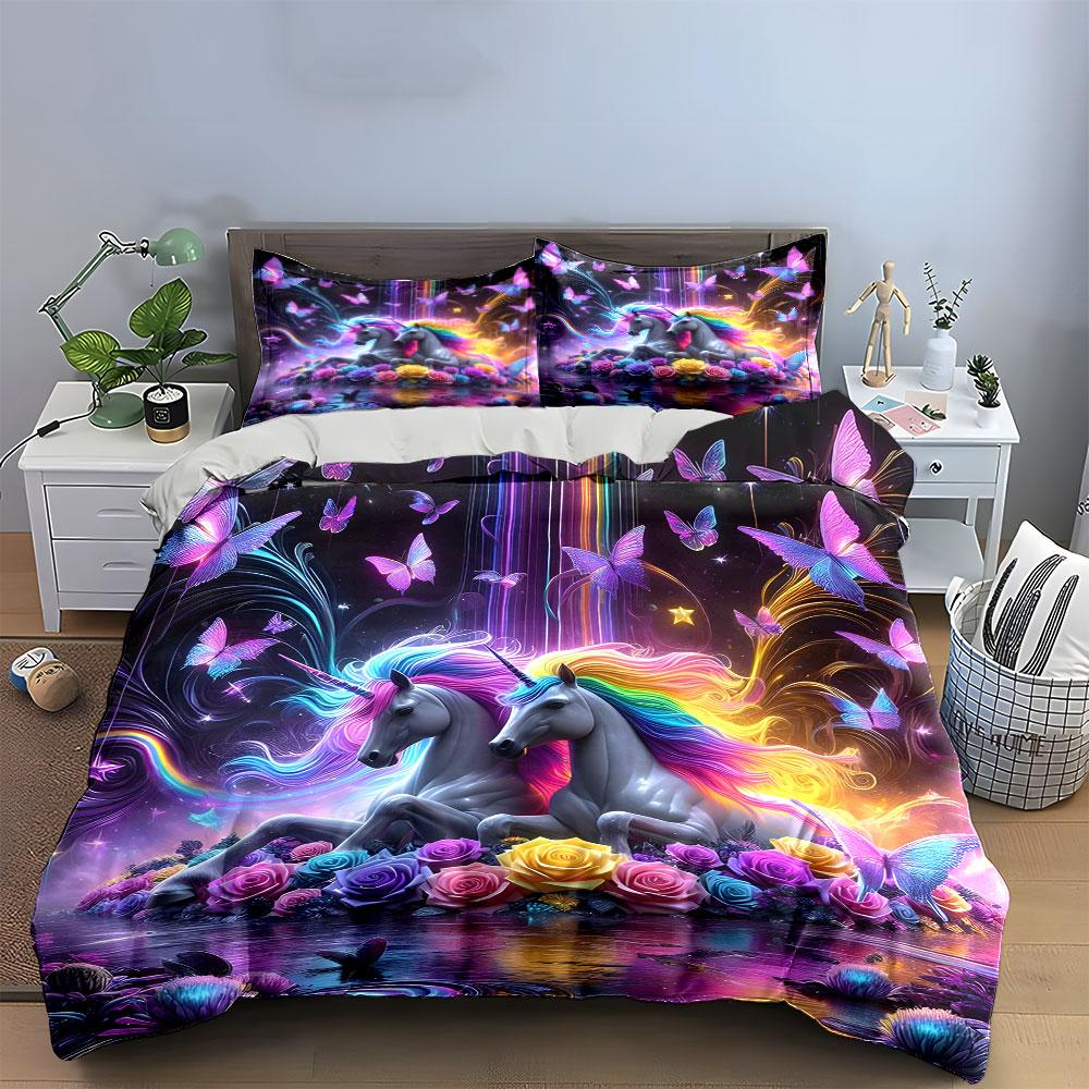 3Pcs Enchanted Unicorn Bedding Set, Rainbow Unicorns With Neon Butterflies Print Duvet Cover, Whimsical Bedroom Decor